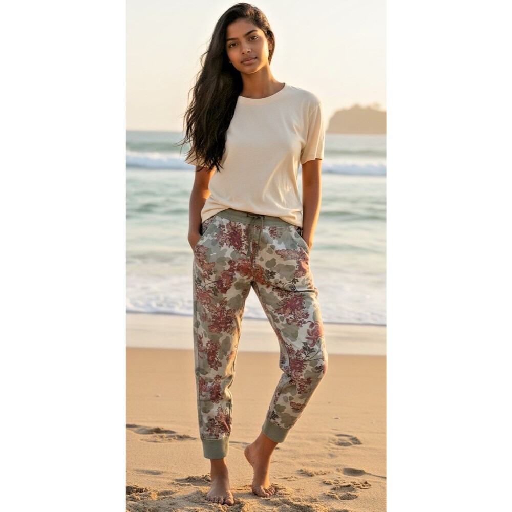 By Anthropologie NEW! womens drawstring elastic waist joggers floral LP comfort